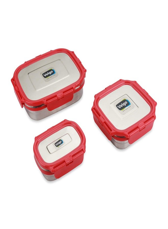 Veigo Premium Finish Classic Celebration Big, Small & Medium Stainless Steel Lunch Box Airtight Leakproof Easy to fit into Any Bags Perfect for Office,School,Outdoor-630ml+330ml+180ml Red - Image 3